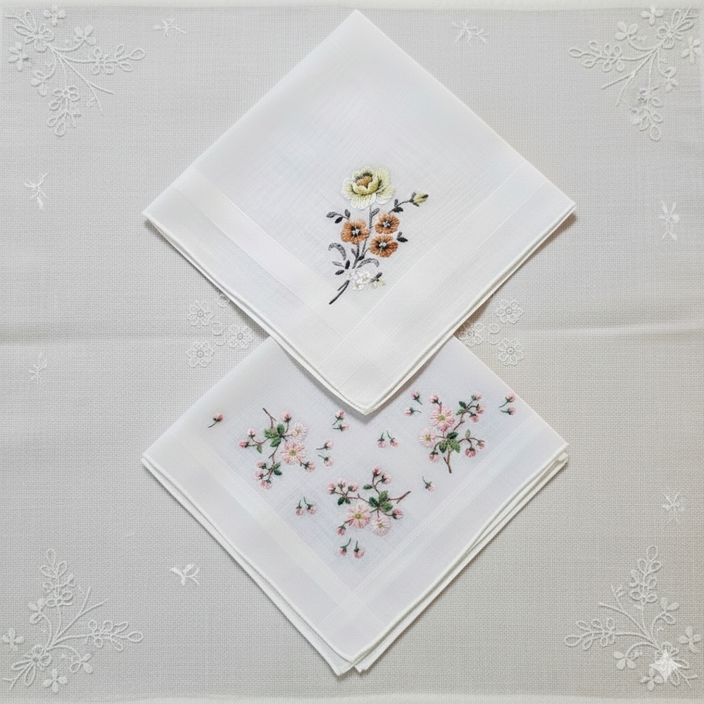 Vintage 12x12" Hand Embroidered Floral Handkerchiefs Linen Cherry Blossom Rose